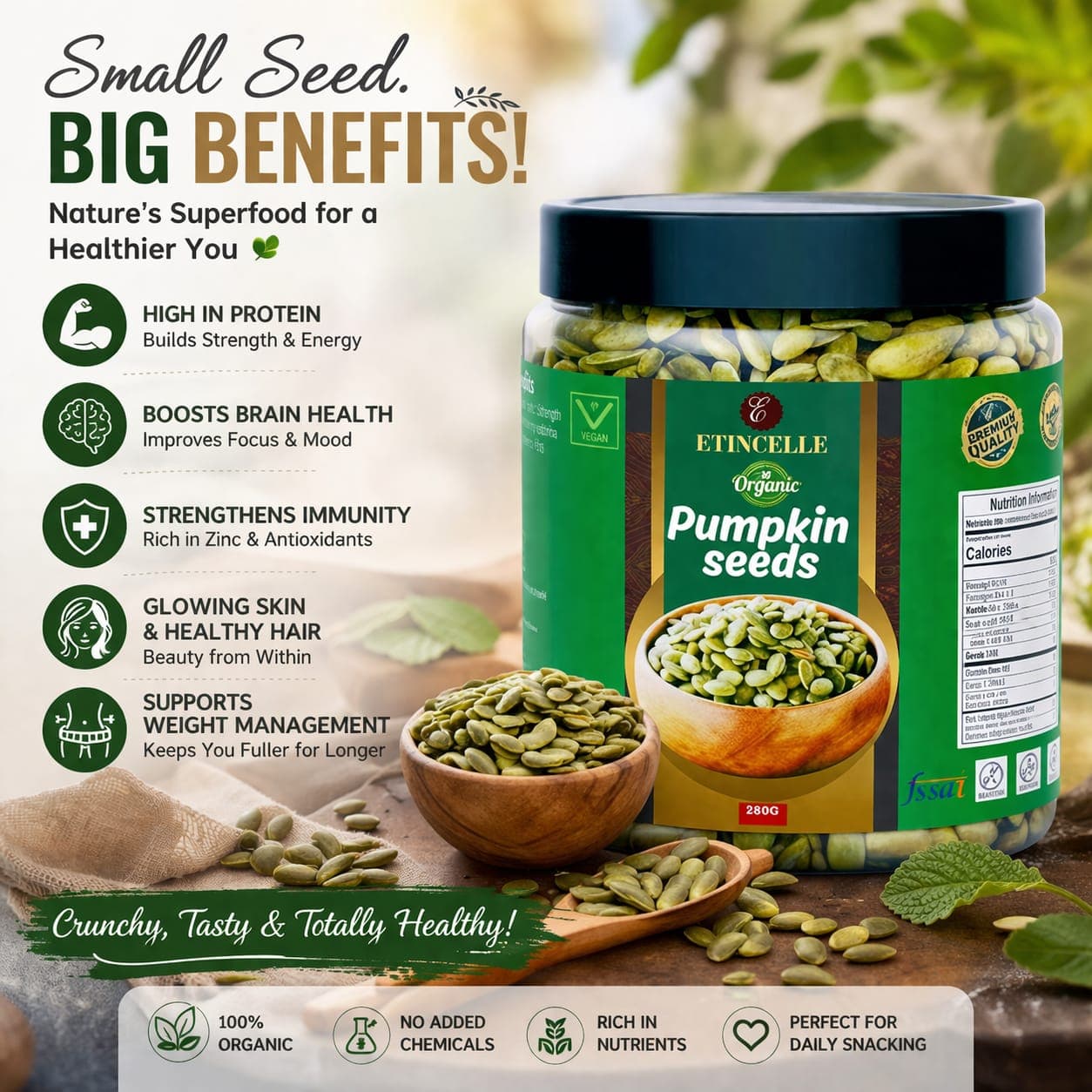 Benefits of Etincelle pumpkin seeds — protein, immunity, skin and weight support